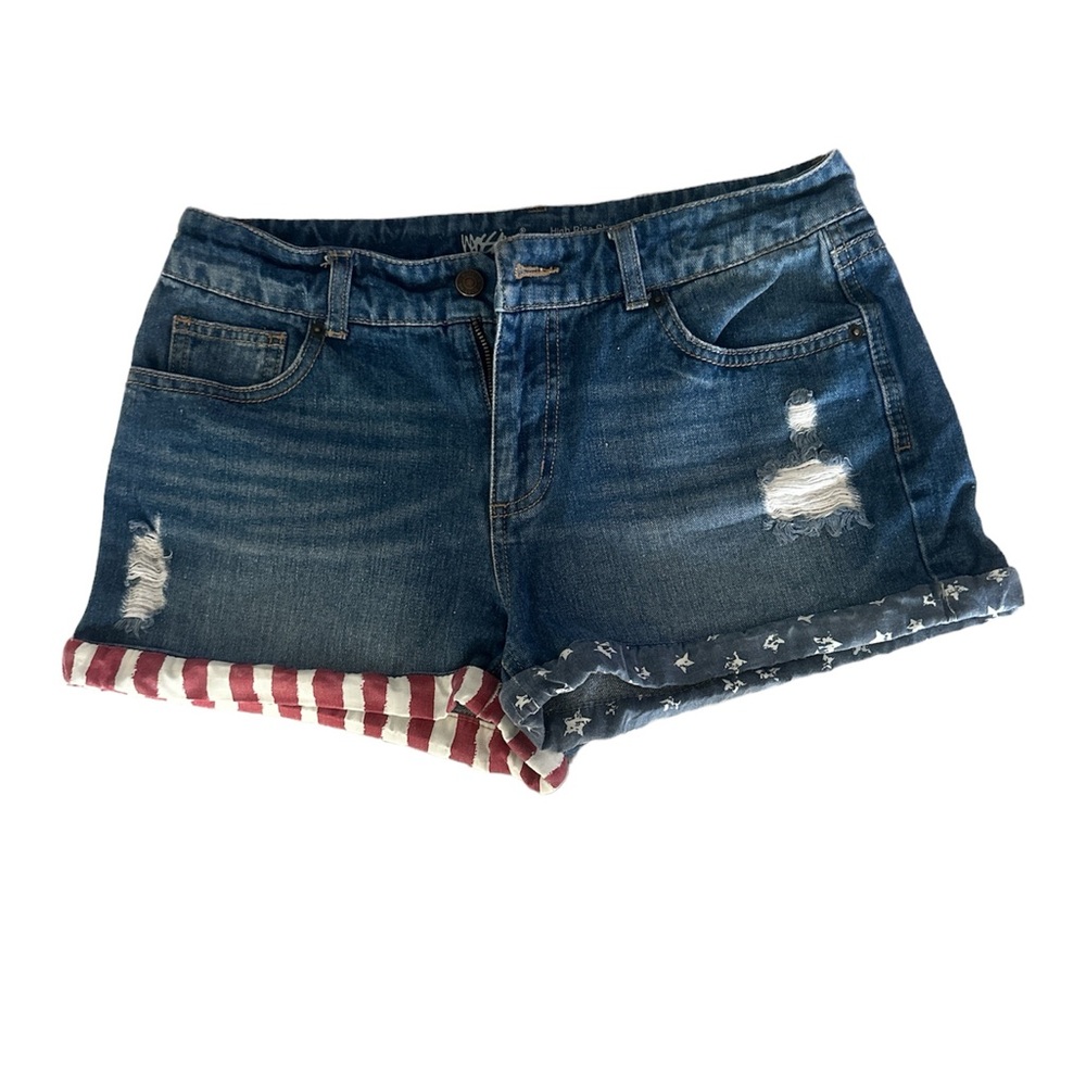 Mossimo High Rise Denim Short Shorts American Flag  Distressed Sz 10 USA